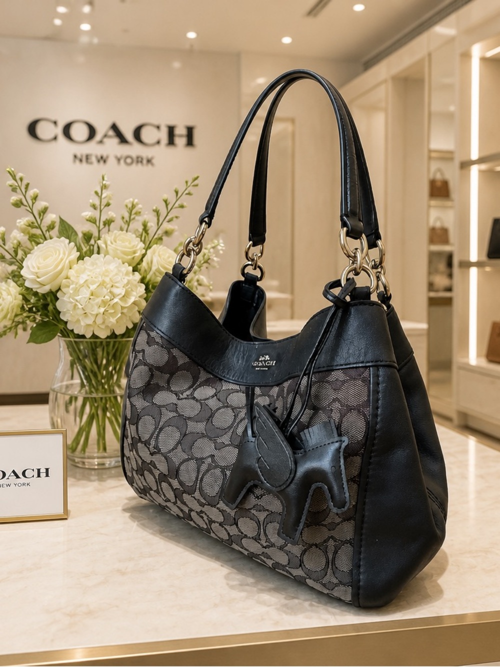 Coach Black Signature Canvas and Leather Hobo Shoulder Bag - Picture 3 of 15